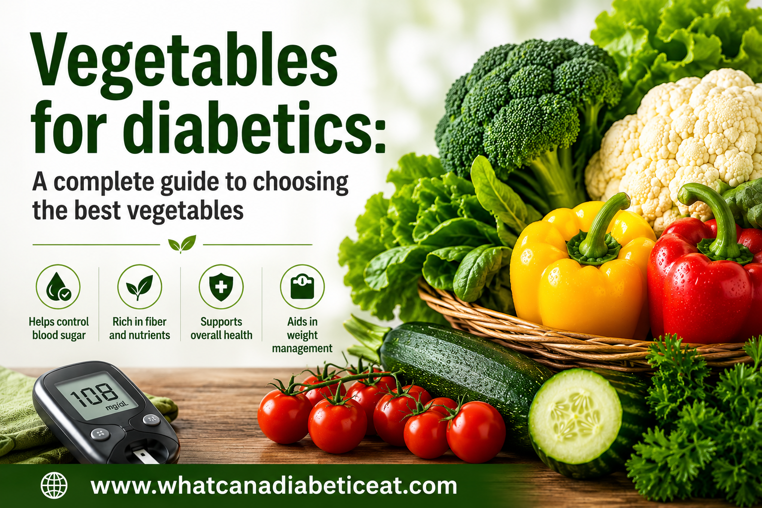 Fresh vegetables for diabetics including broccoli, cauliflower, spinach, peppers, zucchini, tomatoes and cucumber.