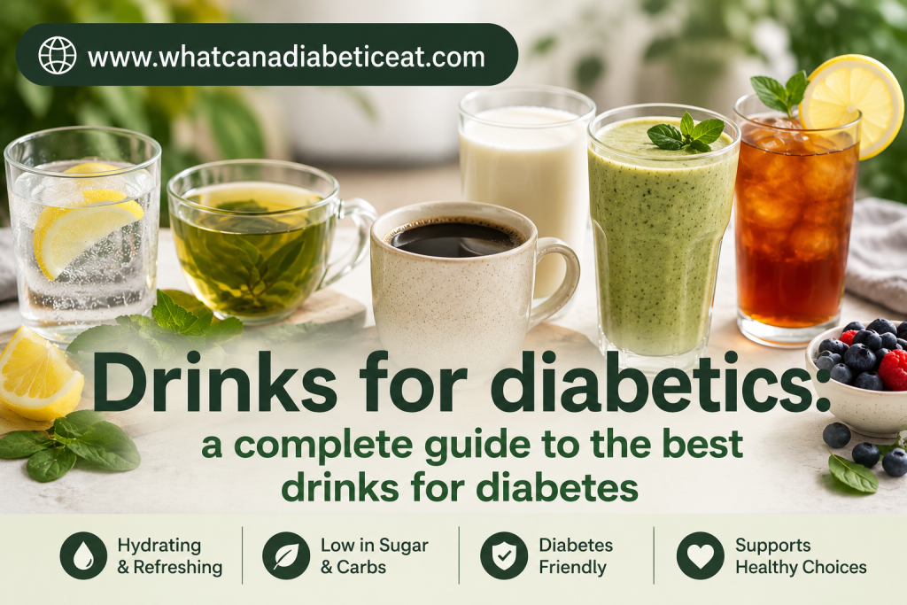 Diabetes-friendly drinks including water, tea, coffee, milk and a smoothie
