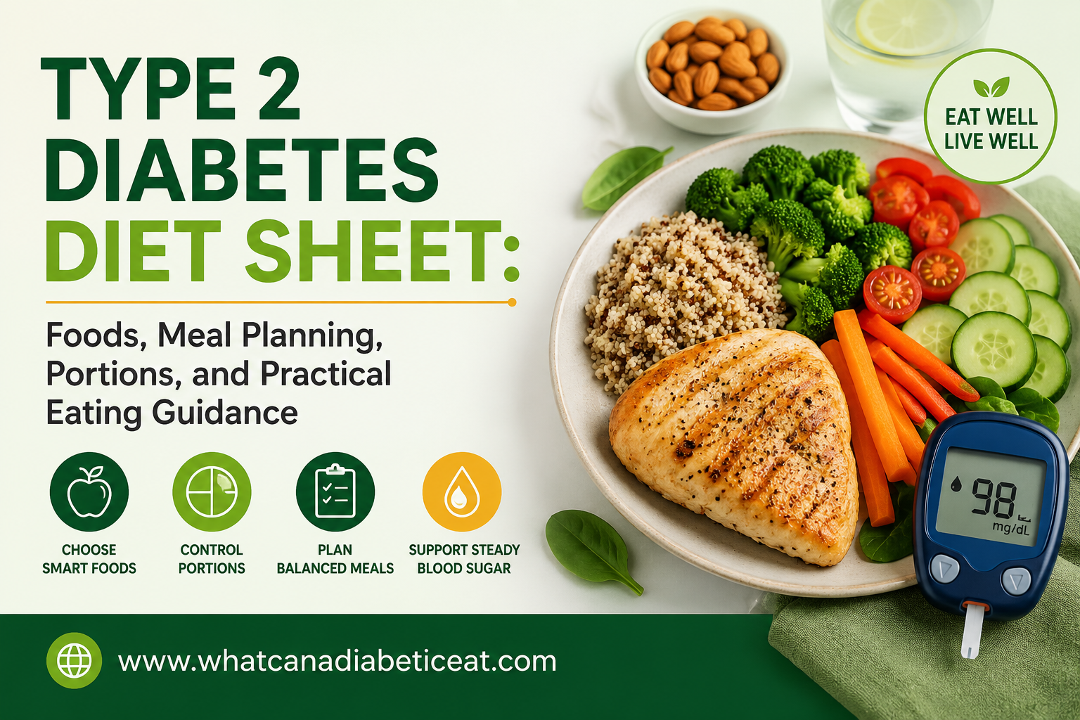 Type 2 diabetes diet sheet with balanced meal, portion guidance, vegetables, grains, and blood sugar monitoring