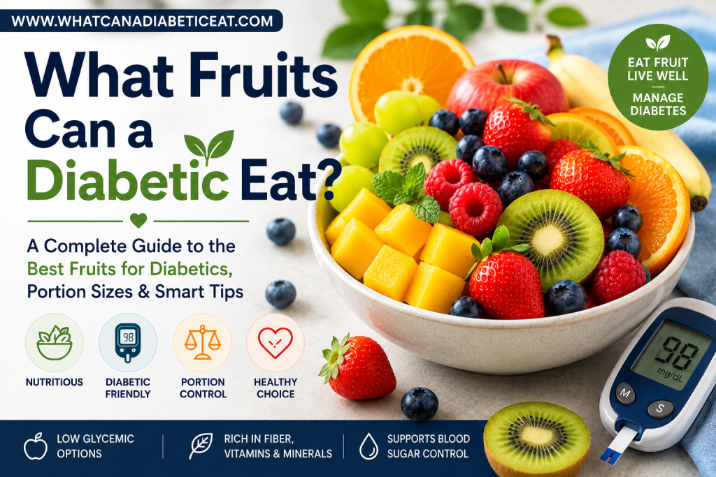Best fruits for diabetics including berries, kiwi, apples, oranges, and portion controlled fruit bowl for diabetic diet guidance