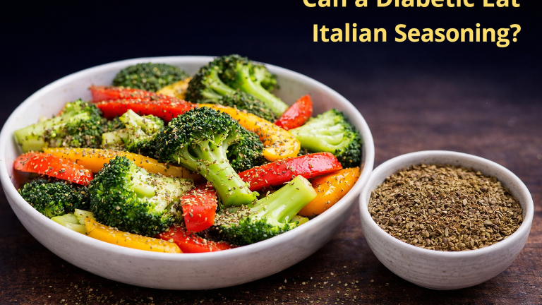 Italian seasoning sprinkled over vegetables with a bowl of dried Italian herbs, suitable for diabetics
