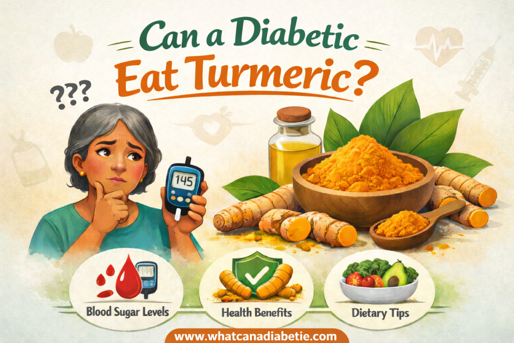 Can a Diabetic Eat Turmeric? Illustration showing turmeric roots and powder with blood sugar monitoring context