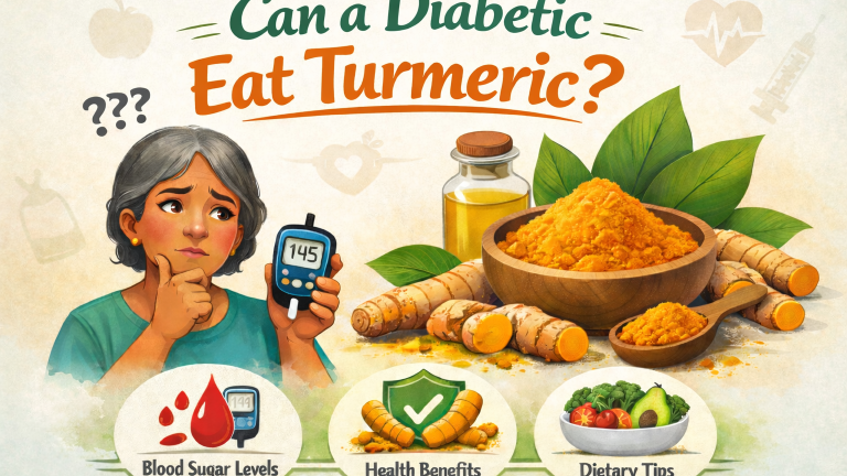 Can a Diabetic Eat Turmeric? Illustration showing turmeric roots and powder with blood sugar monitoring context