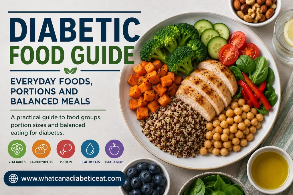 Diabetic food guide showing a balanced plate with vegetables, protein, whole grains, legumes and healthy fats