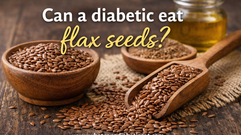 Can a diabetic eat flax seeds? whole flax seeds in bowl with website overlay