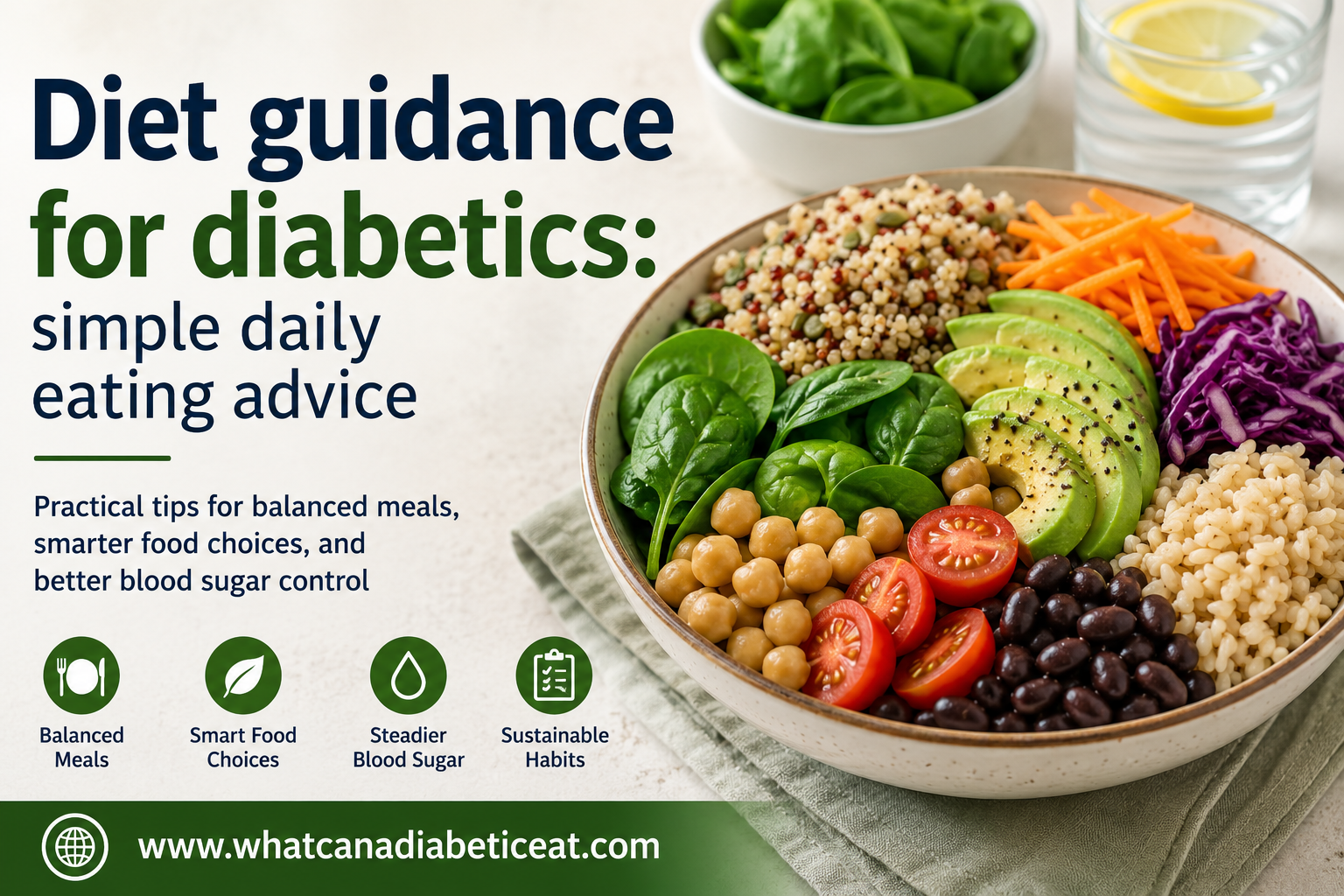 Balanced plant based meal bowl with vegetables, grains, legumes, and avocado for diabetic diet guidance