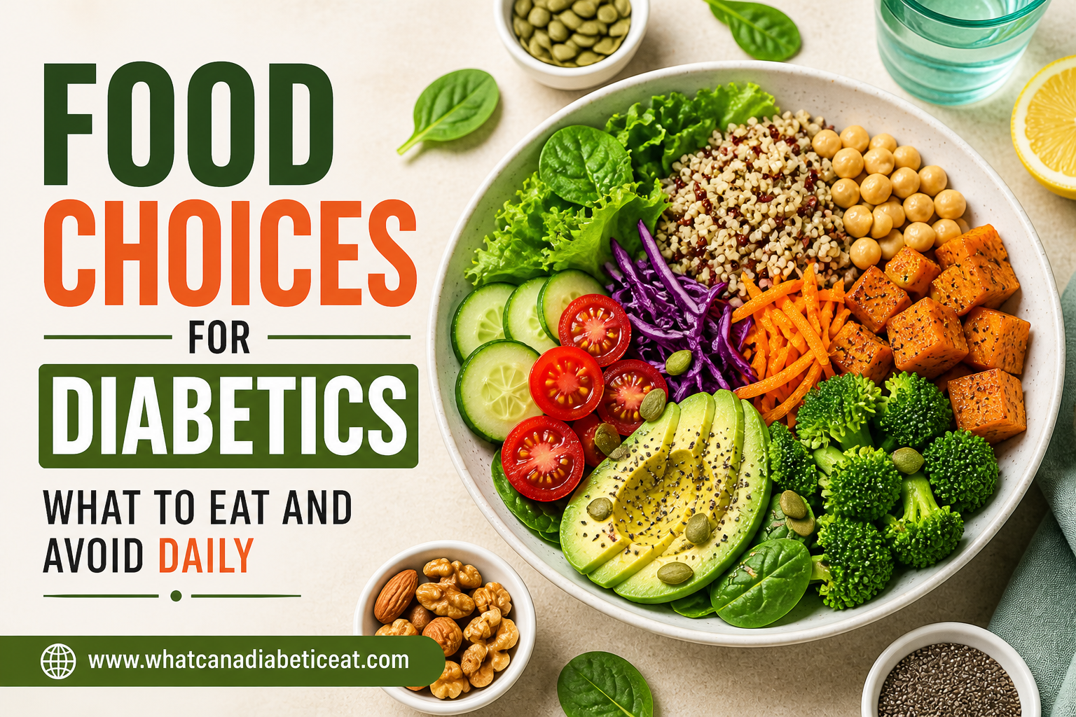 Food choices for diabetics showing a balanced plant-based plate with vegetables, whole grains, and legumes
