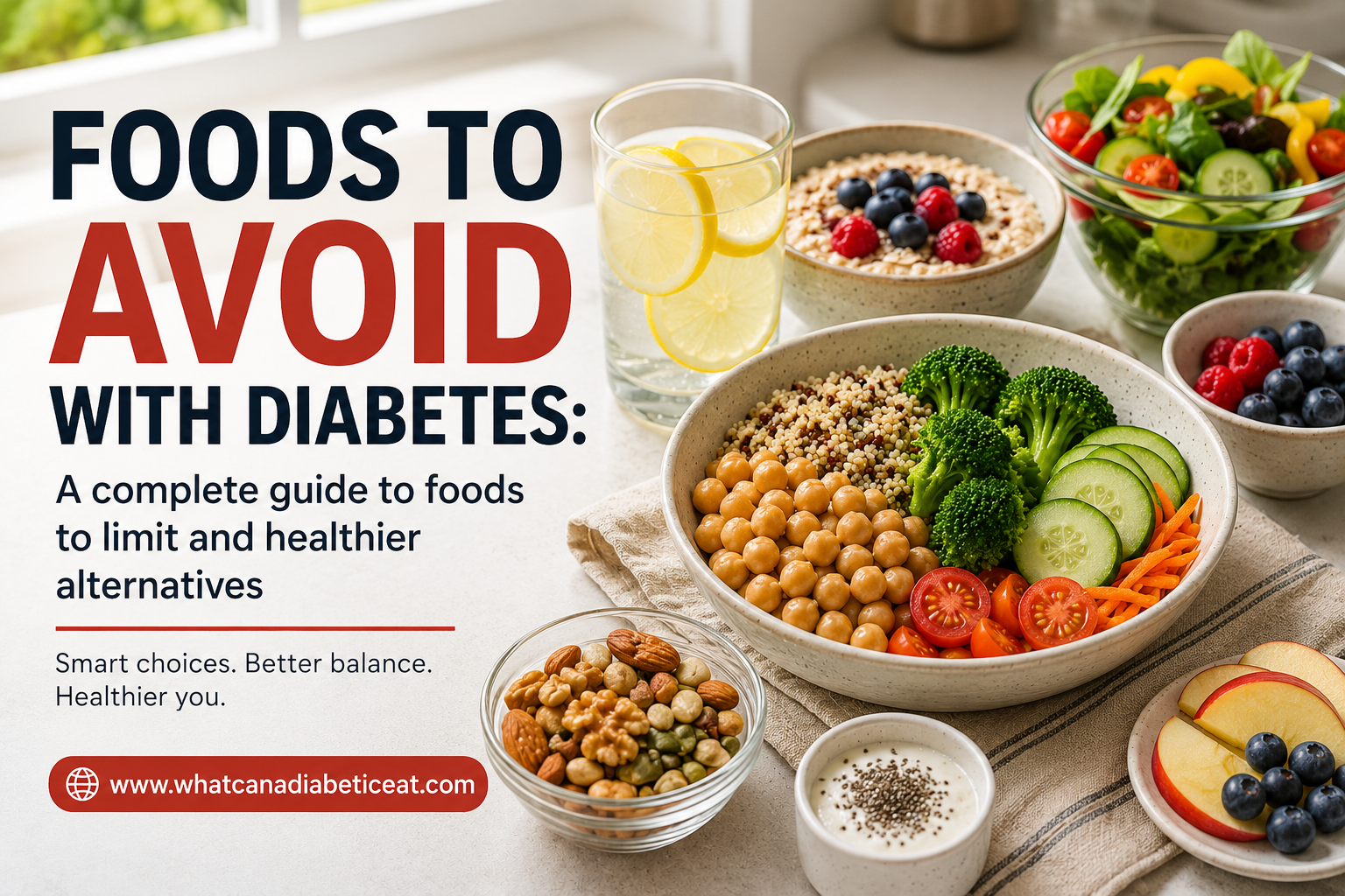 Foods to avoid with diabetes showing healthier alternatives including whole grains, vegetables, chickpeas, oats, berries and lemon water.