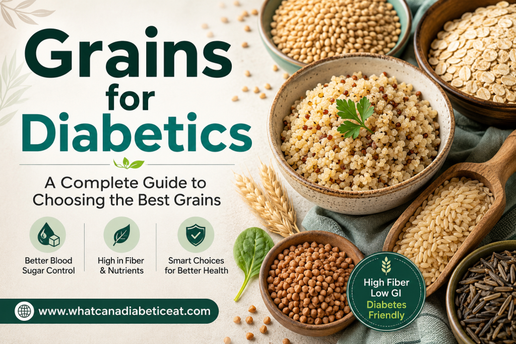 Bowls of healthy whole grains including oats, quinoa, barley, brown rice and wild rice for people with diabetes.