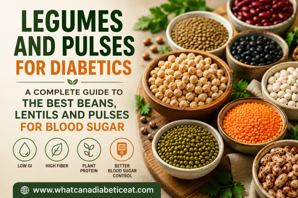 Bowls of lentils, chickpeas, black beans, kidney beans and other legumes for diabetics, highlighting low glycaemic index, high fibre and plant protein for healthy blood sugar management.