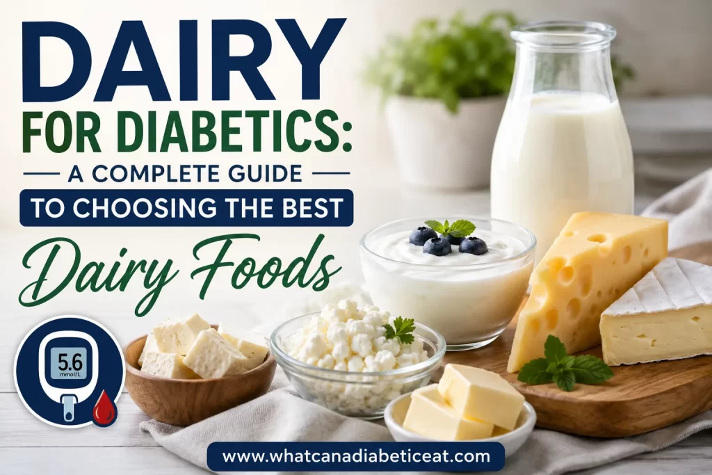 Healthy dairy foods for diabetics including milk, Greek yoghurt, cottage cheese, cheese and butter illustrating diabetes-friendly dairy choices.