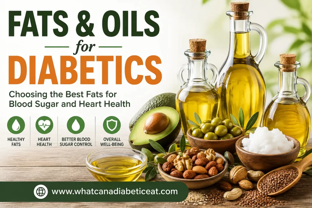 Healthy fats and oils for diabetics including olive oil, avocado, nuts and seeds, illustrating the best fats for blood sugar management and heart health.