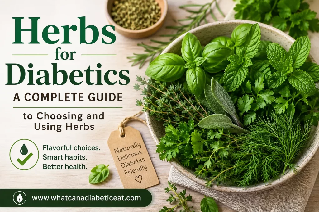 Fresh culinary herbs including basil, mint, parsley, rosemary, thyme, sage and dill for a guide to herbs for diabetics