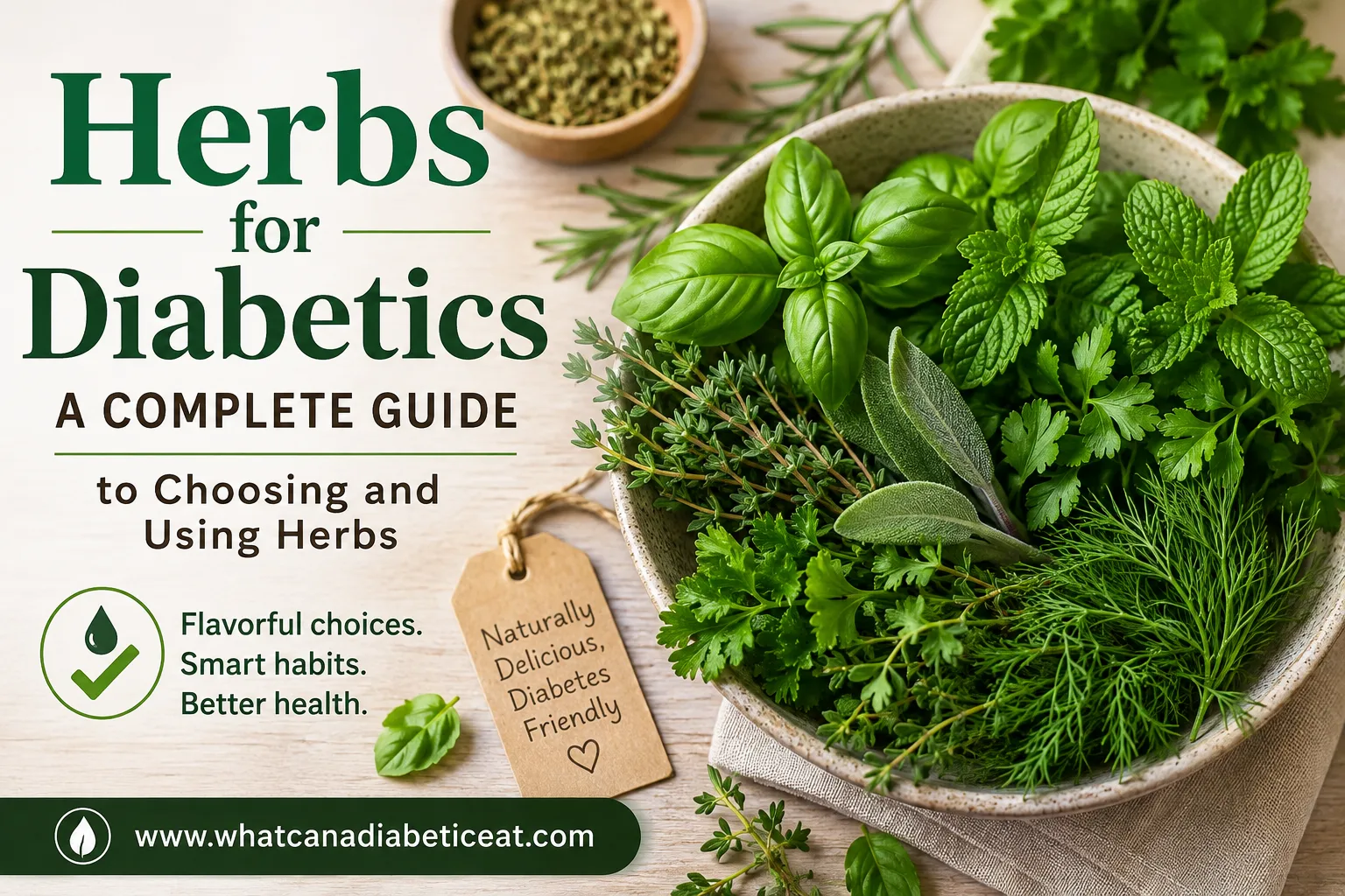 Fresh culinary herbs including basil, mint, parsley, rosemary, thyme, sage and dill for a guide to herbs for diabetics
