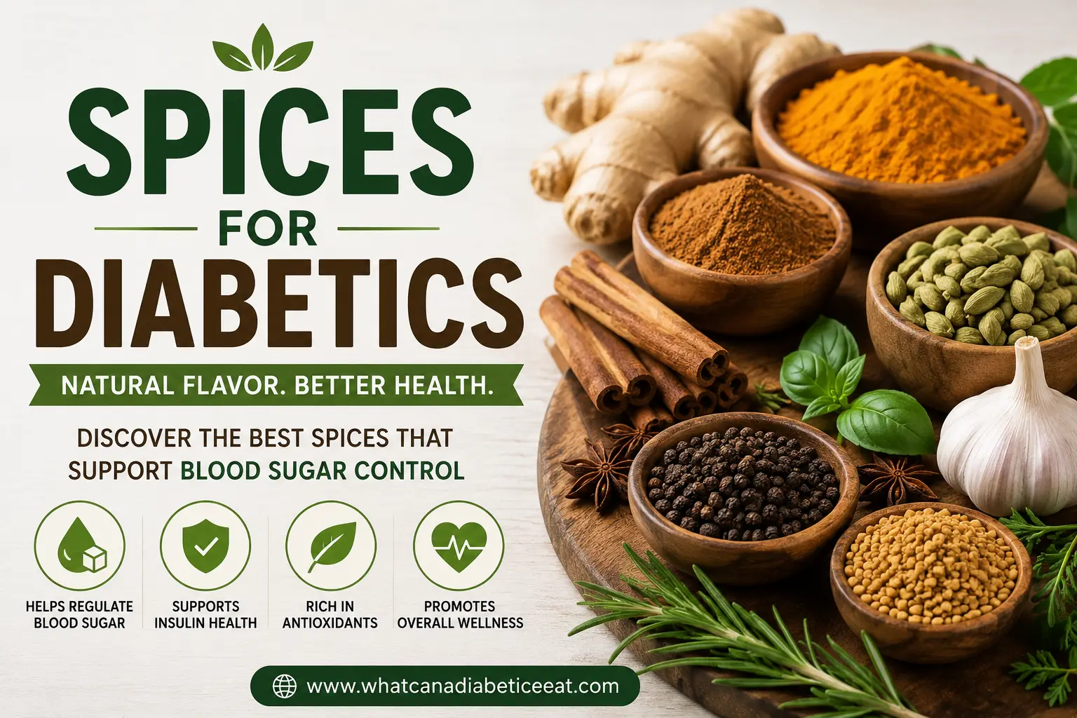 Spices for diabetics including cinnamon, turmeric, ginger, cardamom, black pepper and fenugreek